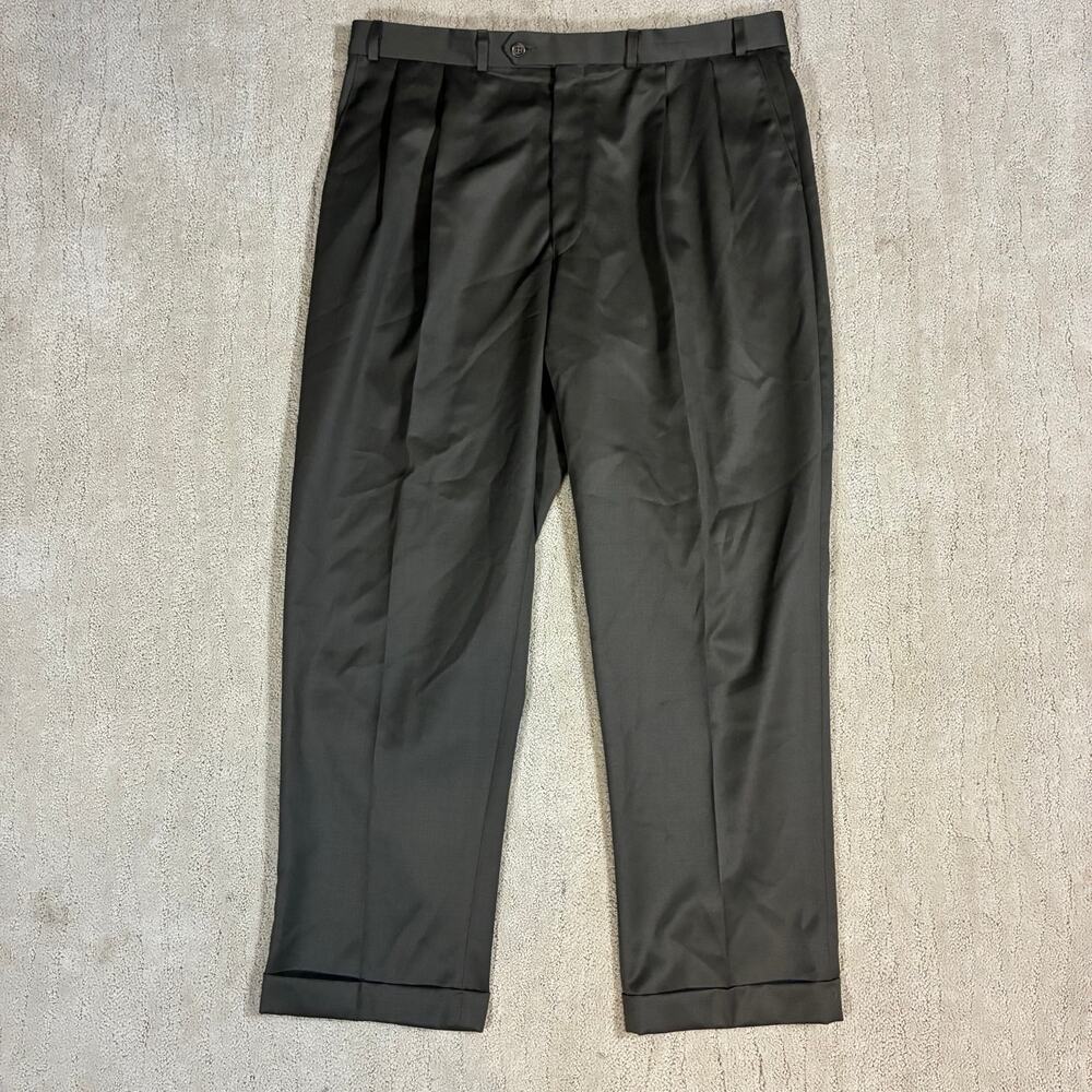Vintage Ralph Lauren Mens 38x32 Green Wool Pleated Straight Leg Trousers Pants